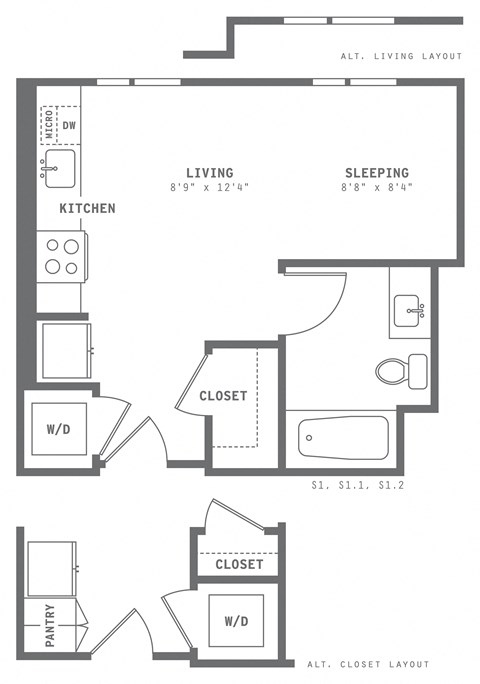 Floor plan for studio, 1 bath, 405 sqft